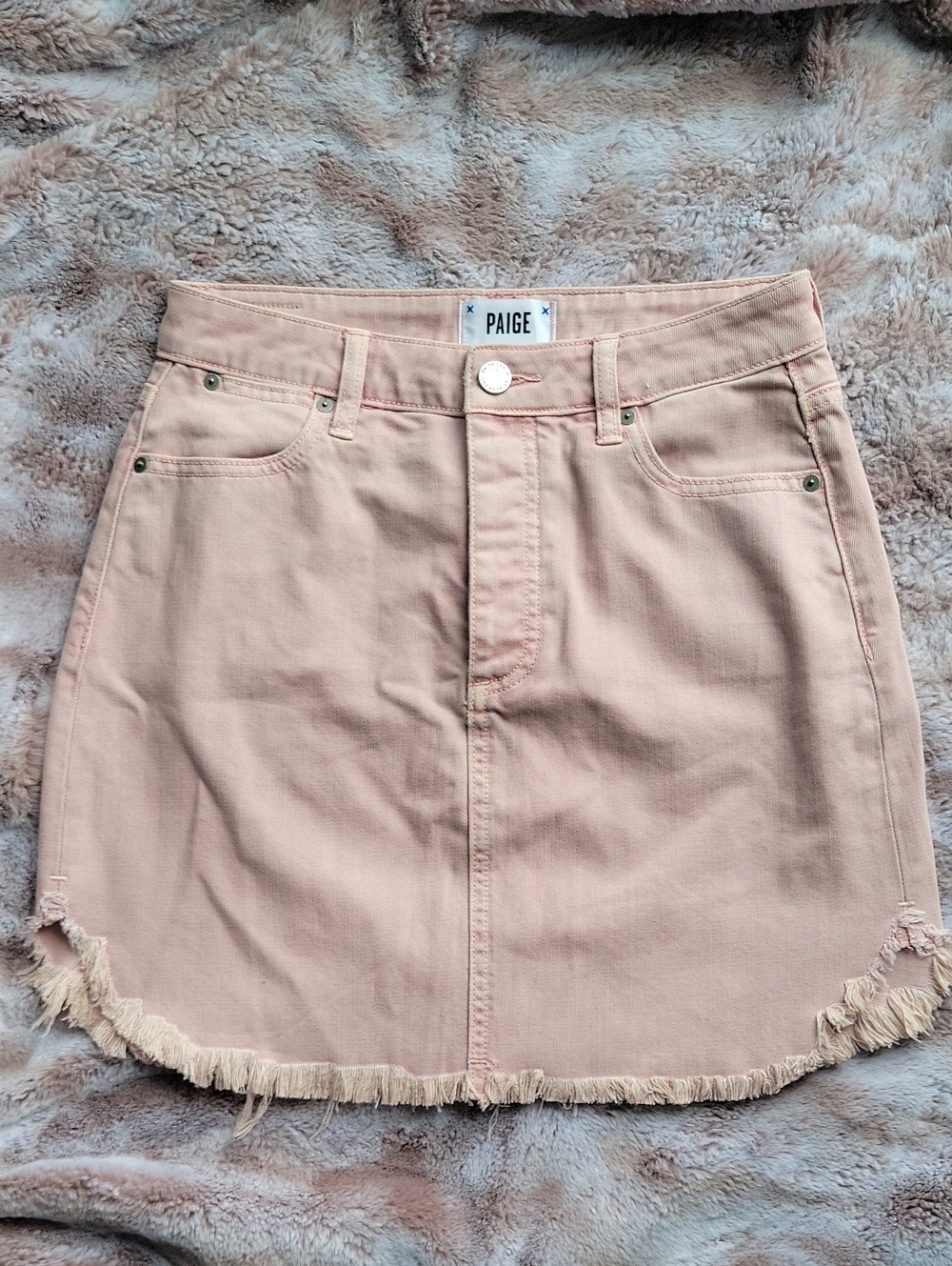 PAIGE Blush Pink Frayed-Hem Denim Mini Skirt